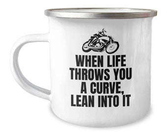 Biker Camper Mug - Motorcycle Rider Gift - When Life Throws You A Curve - Motorbike Mug - Enamel Camping Mug