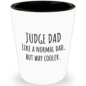 May include: White shot glass with a black rim. The text "JUDGE DAD LIKE A NORMAL DAD, BUT WAY COOLER" is printed in black on the front of the glass. The shot glass is a novelty item.