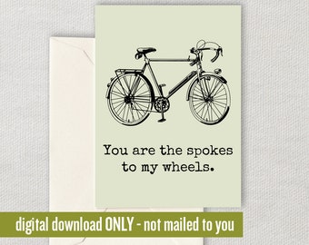 Romantic Bicycle Card - Cyclist Greeting Card - Printable Bicycle Card - Valentine's Day - Digital Download - Spokes To My Wheels