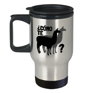 Funny Spanish Mug Llama Lover Gift Spanish Teacher Present Como Te Llamas Taza de viaje imagen 2