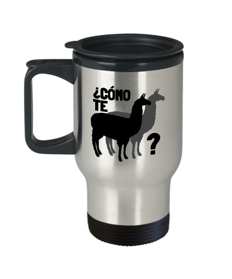 Funny Spanish Mug Llama Lover Gift Spanish Teacher Present Como Te Llamas Taza de viaje imagen 2