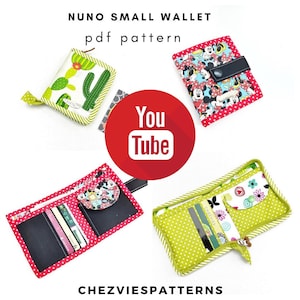Patrón de costura para billetera pequeña Nuno con plantillas completas y videotutorial, patrones de billetera con cremallera, patrón de monedero pequeño en PDF