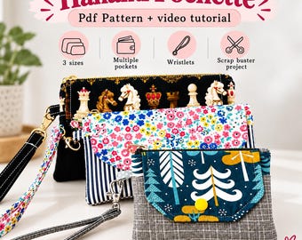 Pode incluir: Três bolsas de tecido com alças de pulso, incluindo uma bolsa preta com tema de xadrez, uma bolsa com flores e listras, e uma bolsa azul com padrão de árvores e base cinza. O texto inclui Hanami Pochette, Pdf Pattern + video tutorial, 3 sizes, Multiple pockets, Wristlets, Scrap buster project e Chezvies.