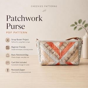 May include: A rectangular patchwork purse featuring a quilted chevron pattern in shades of orange, beige, and light blue. The bag has a top zipper closure, a brown strap, and light gray side panels. Text on the image reads CHEZVIES PATTERNS Patchwork Purse PDF PATTERN.