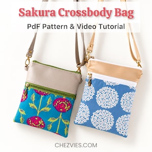 Puede incluir: Dos bolsos cruzados con correas ajustables y bolsillos con cremallera. Un bolso presenta un estampado floral azul con flores rosas, el otro una tela azul con patrones circulares blancos. Texto: Sakura Crossbody Bag Pdf Pattern & Video Tutorial.