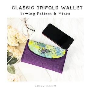Padrão de costura em PDF para carteira tripla clássica, tutorial de carteiras de tecido, porta-cartões, padrão de bolsa de mão com tutorial em vídeo