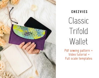 Trifold Wallet PDF Sewing Pattern: Multiple 12 - 16 Cards, Exterior Coin Zipper Pocket, Video Tutorial