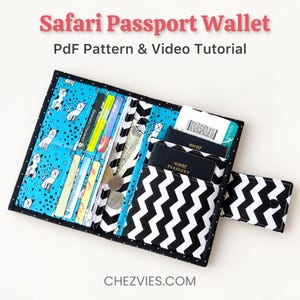 Safari Passport Plånbok PDF Symönster med Video Handledning, Blixtlås- eller Flikstängning, DIY Researrangör