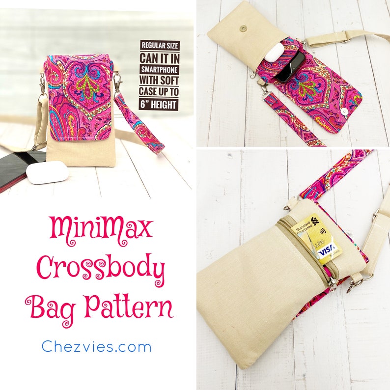 MiniMax Small Crossbody Phone Bag Pattern with 3 sizes templates and video tutorials, Cross Body Bag, Small Sling Bag, Shoulder Bag Pattern image 5