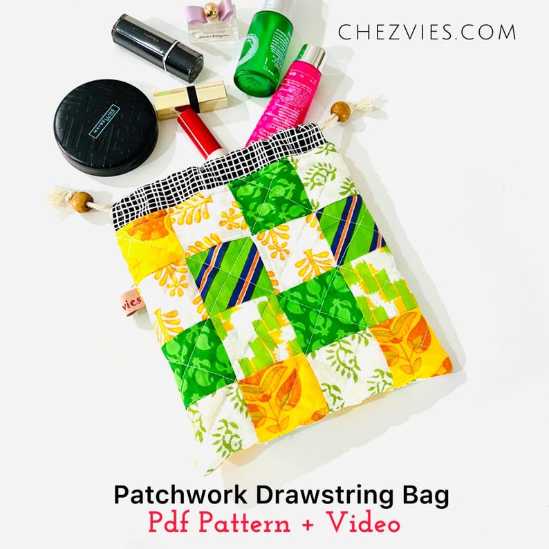 DIY Patchwork Drawstring Bag Sewing Pattern: Beginner Quilted Makeup ...