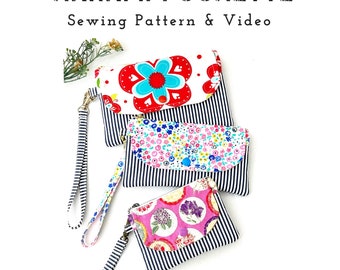 Hanami Pochette Wristlet Wallet Pdf Sewing Pattern with Full Templates and Video Tutorial, Phone Wallet Pattern