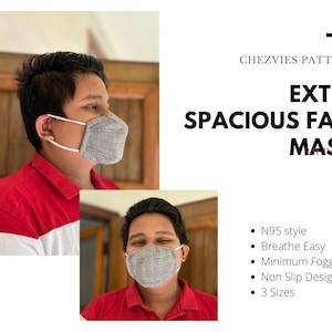 May include: Two people wearing gray and white plaid face masks. The masks have a white elastic band and are designed to be extra spacious. The text on the image reads "CHEZVIES PATTERNS EXTRA SPACIOUS FACE MASK N95 style Breathe Easy Minimum Fogging Non Slip Design 3 Sizes".