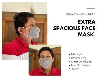 Pdf Pattern Extra Spacious Face Mask Designed with a lot of Breathing Space 3 Sizes Templates, Singers Face Masks, Teachers Face Masks