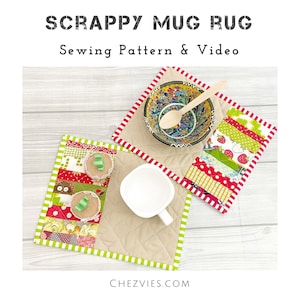 Mug rug Sewing Pattern, Scrappy Quilted Mugrug Tutorial for Beginners Quilter - Scrap Fabric Mug Rug Pattern - Quick, Fun, and Personal