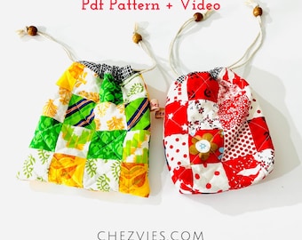 DIY Drawstring Bag Sewing Pattern for beginners, quilted patchwork bag Pdf, Makeup Bag Tutorial, Easy Cosmetics Bag Sewing Pattern