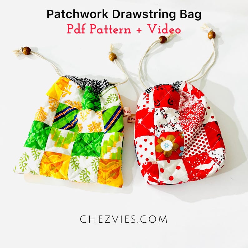 DIY Patchwork Drawstring Bag Sewing Pattern: Beginner Quilted Makeup ...