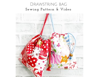 DIY Drawstring Bag Pattern Tutorials for beginners, small patchwork bag, quilted patchwork bag for newbie