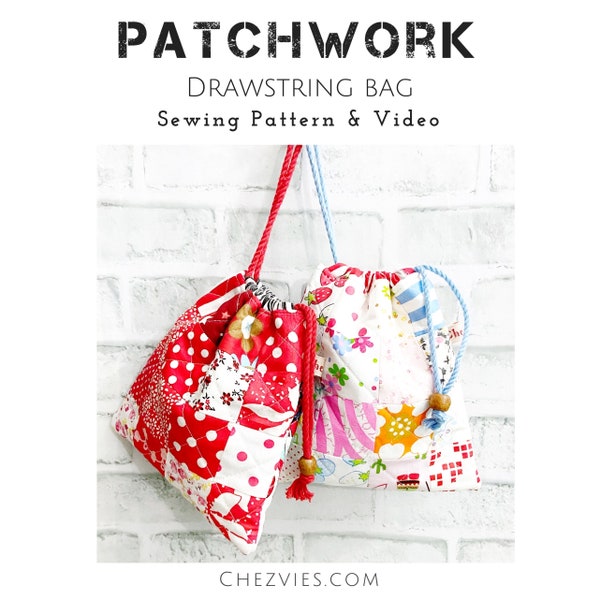 DIY Drawstring Bag Pattern Tutorials for beginners, small patchwork bag, quilted patchwork bag for newbie