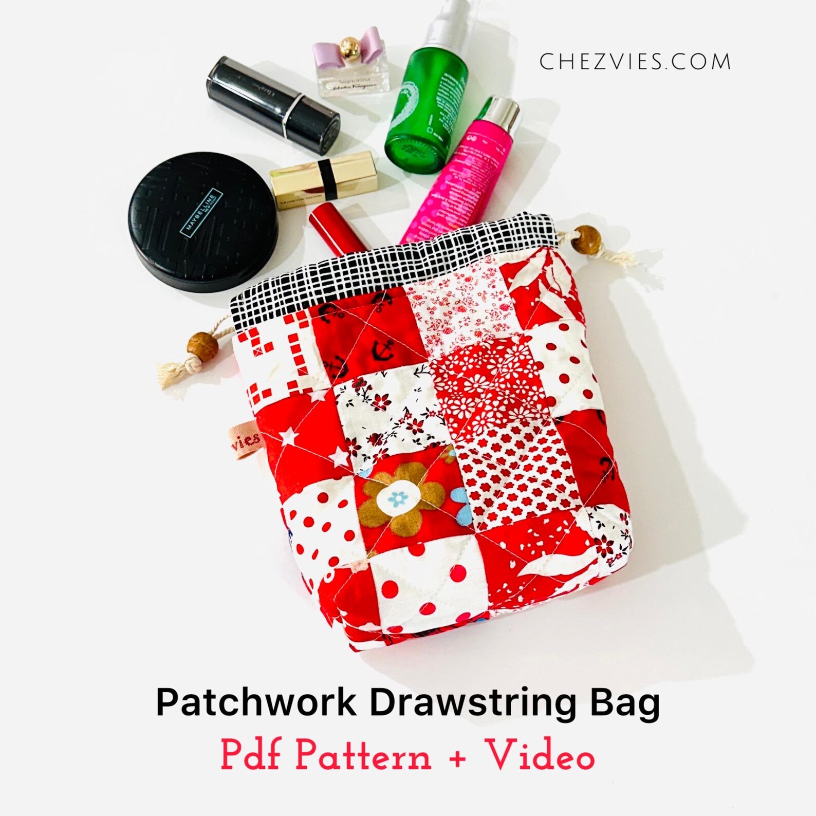 DIY Patchwork Drawstring Bag Sewing Pattern: Beginner Quilted Makeup ...