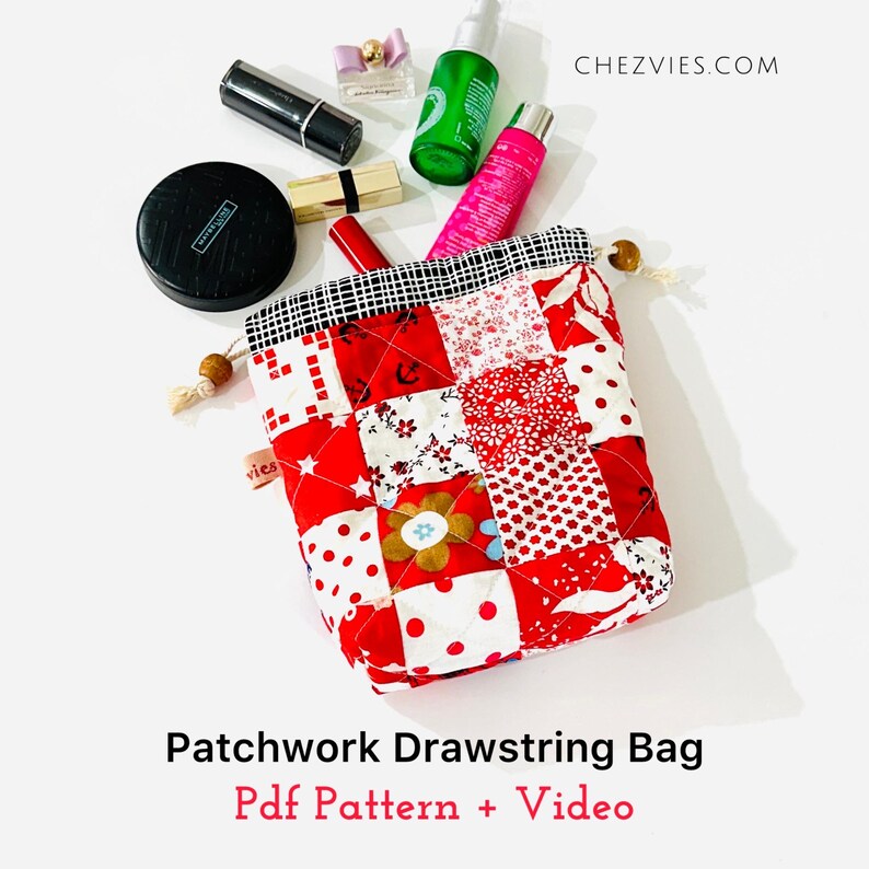 DIY Patchwork Drawstring Bag Sewing Pattern: Beginner Quilted Makeup ...