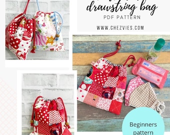 DIY Drawstring Bag Pattern Tutorials for beginners, small patchwork bag, quilted patchwork bag for newbie