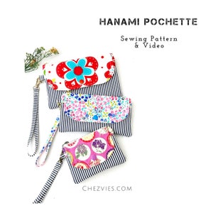 Patrón de costura en PDF para billetera Hanami Pochette (3 tamaños), con plantillas completas y videotutorial. Patrón en PDF para billetera con tarjetero y funda para teléfono.
