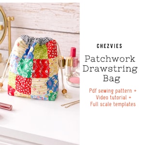 DIY Patchwork Drawstring Bag Sewing Pattern: Beginner Quilted Makeup Bag (PDF)