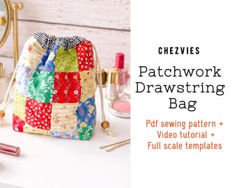 DIY Patchwork Drawstring Bag Sewing Pattern: Beginner Quilted Makeup Bag (PDF)