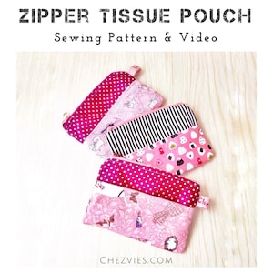 Small Zippered Tissue Pouch Sewing Pattern With Full Templates and Video Tutorial, Small Zipper Wallet Pdf, Tissue Holder Pattern image 1