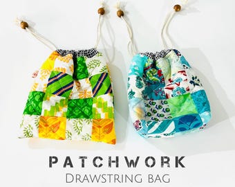 DIY Patchwork Drawstring Bag Sewing Pattern: Beginner Quilted Makeup Bag (PDF)