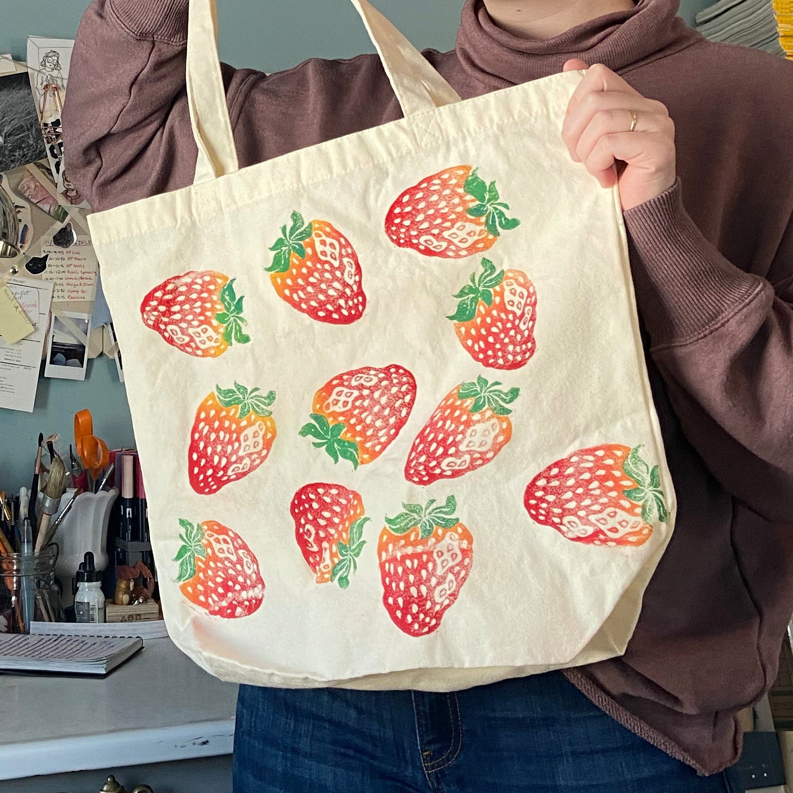 Strawberry Print Tote Bag | Etsy