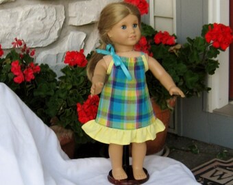 Puppe kariertes gekräuseltes Sonnenkleid, passend für 18-Zoll-Puppen, einschließlich Am Girl, blauen, orangefarbenen oder gelben Rüschen, Stocking Stuffer, Sommer-Puppenkleidung