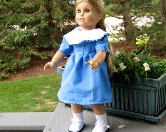 Medium Blue Doll Dress with Bertha Collar, fits 18 inch dolls including Am Girl.  Stocking Stuffer, Gifts for Children