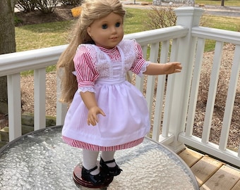 Samantha, Nellie, Am Girl and 18 inch dolls, Christmas or Birthday red, pink or blue striped lace trimmed party dress, lace trimmed pinafore