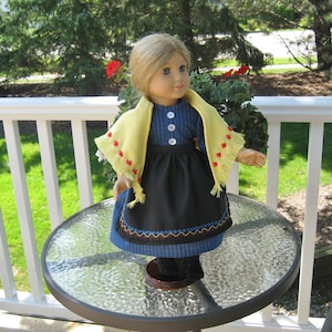 Kirsten, Am Girl Reproduction, On The Trail Navy Dress with Fringed Yellow Shawl, Black Apron with embroidery trim, fits 18&quot; dolls