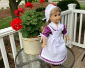 Historical Victorian Vintage American Girl 18 quot Print Doll Dress, White Apron, Fichu and Hat with Lace Trim, Doll Wardrobe, Christmas Gifts