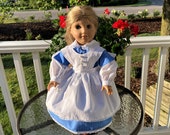 Vintage Victorian Edwardian Peplum Doll Dress and Pinafore, lace and button trimmed, Pantaloons, fits American Girl and 18 inch dolls