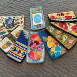 Needle Point Eye Glass or Cell Phone Cases, Hand Stitched, Lined and Zippered, various patterns and colors, 4 inches by 7 inches,