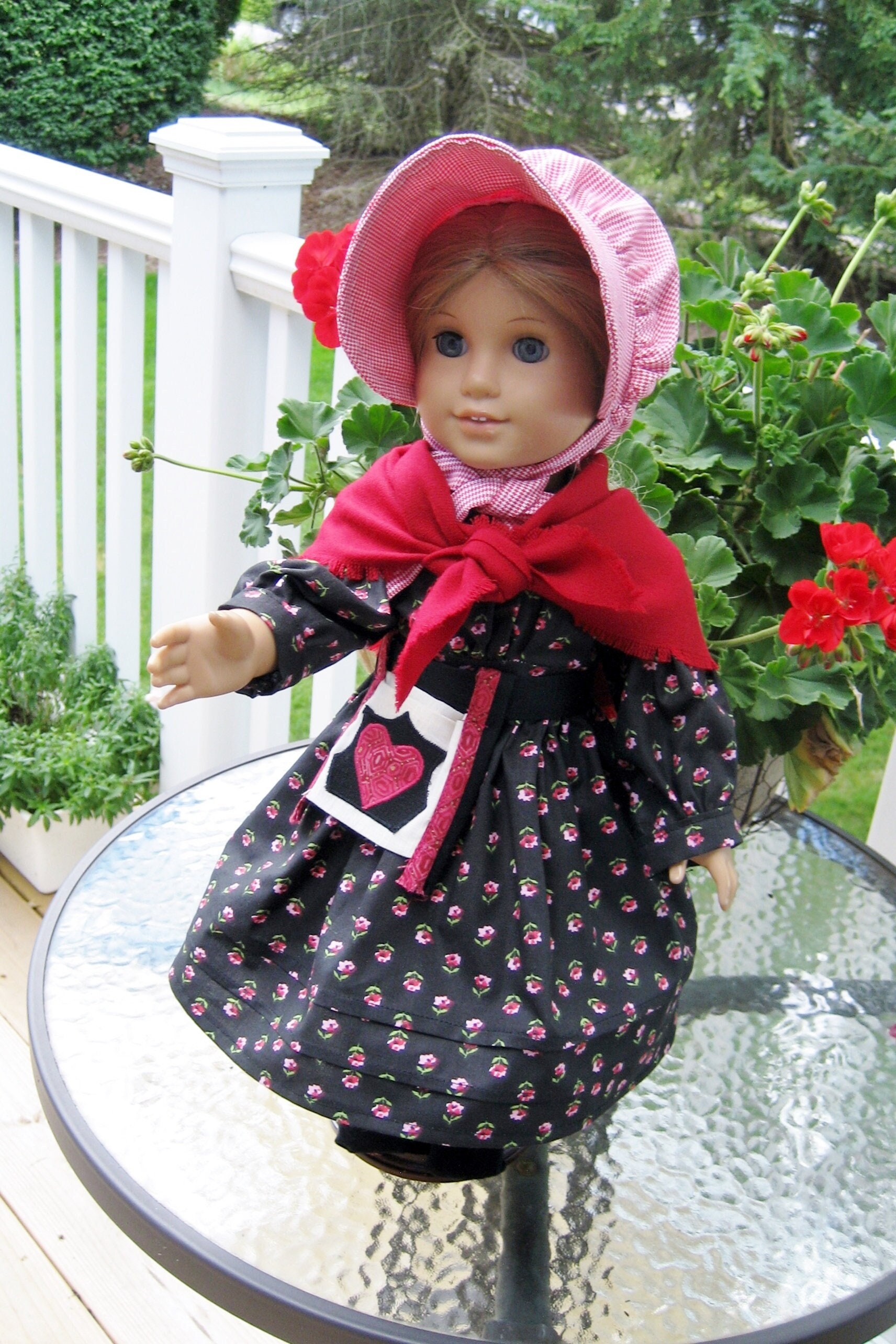 Kirsten's School Dress with shawl, sun bonnet and spoon bag for AG doll and other 18 inch dolls, historical reproduction doll clothes