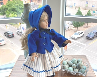 Period Doll Clothes Set: Dress, Short Jacket, Lace Trimmed Bonnet, Victorian Regency Era, fits Am Girl and other 18 inch dolls