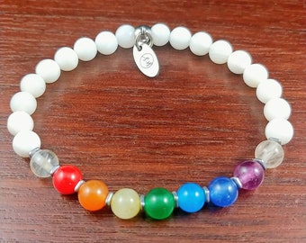 Chakra bracelet, for women, hematite accents, colorful shades of jades, natural quartz, Seven by St. S