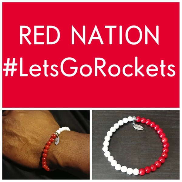 Sporty gemstone bracelet, red and white, team spirit, Houston Rockets inspired, unisex jewelry, Clutch City, NBA, red nation