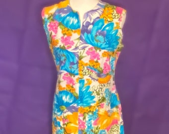 Vintage 60s Flutterbye Bright Floral Hawaiian Print Maxi Dress