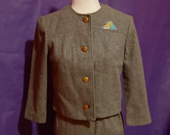 Vintage 1960s Midcentury Gray Skirt Suit with Faux Pocket Square Detail