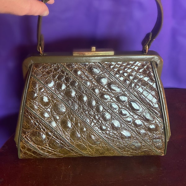 Stunning Vintage 50s/60s Real Crocodile Olive Green Midcentury Handbag