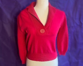 Vintage 80s Midcentury-Style Hot Pink Pullover Long-Sleeved Sweater, Retro, Preppy, Pin-Up, Rockabilly