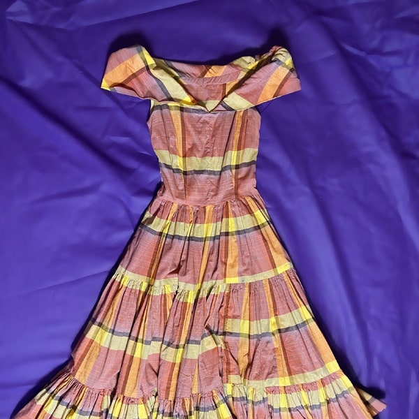 Vintage 60s Orange and Yellow Plaid Square Dancing Dress with Full Skirt, XXS, Handmade Vintage, Western Wear, Line Dancing Outfit