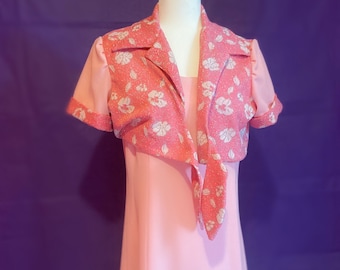 Vintage Pink 70's Maxi Dress with Metallic Floral Bolero