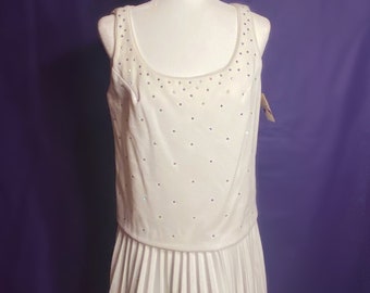 Vintage Deadstock 70s Does 20s Mod White Drop-Waist Flapper-Style Dress with Accordion Pleat Skirt & Scattered Rhinestones