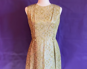 Vintage 60's Green & Gold Metallic Brocade Party Dress